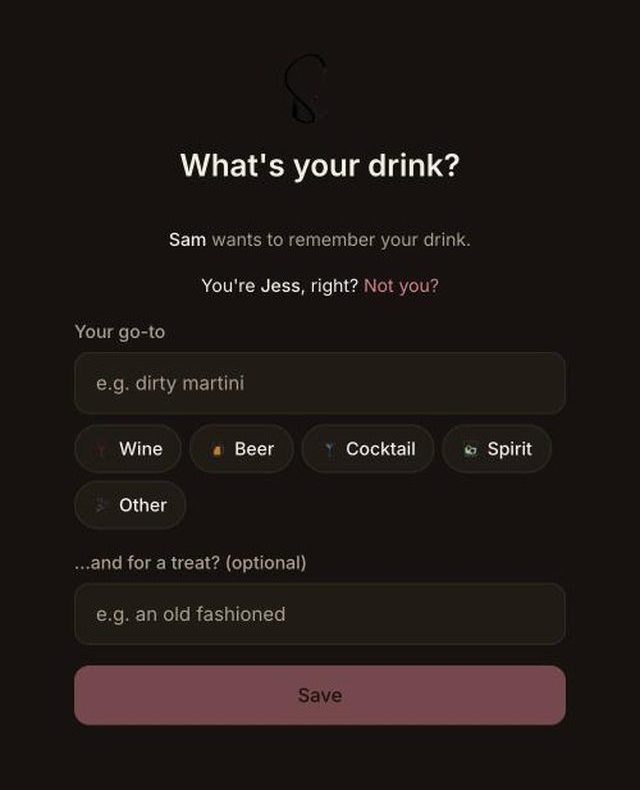 The drink link page a friend sees — what's your drink?