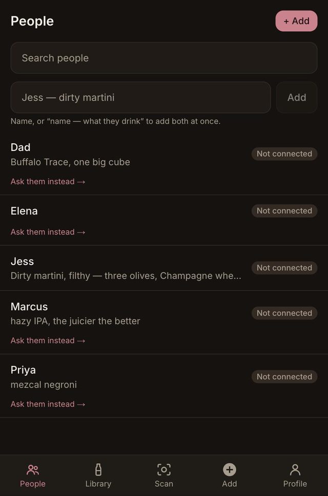 Sipped's People list with quick-add