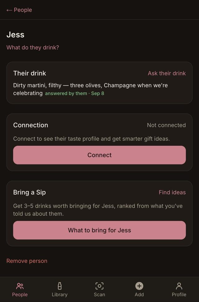 A person card in Sipped showing their drink, answered by them